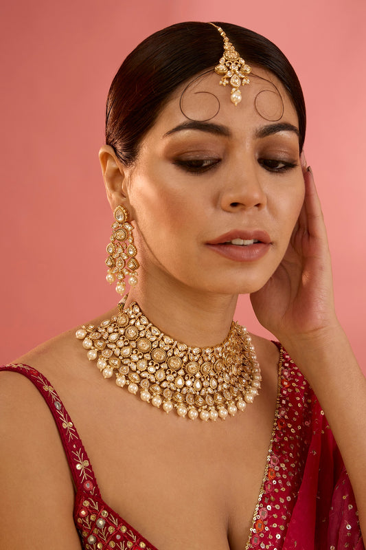 Gold Finish Kundan Polki & Pearl Drop Necklace Set