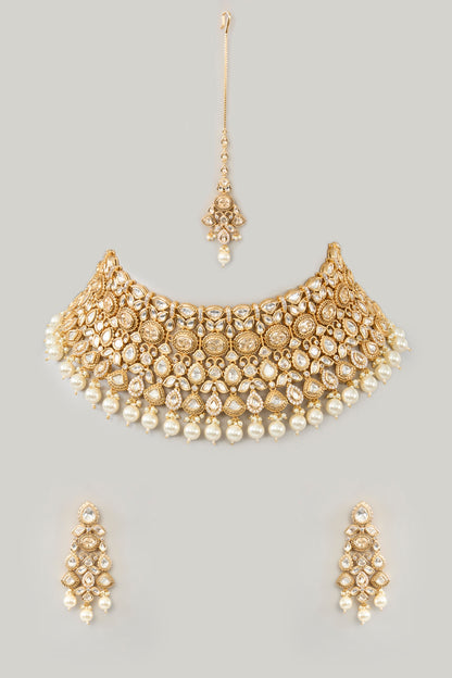 Gold Finish Kundan Polki & Pearl Drop Necklace Set