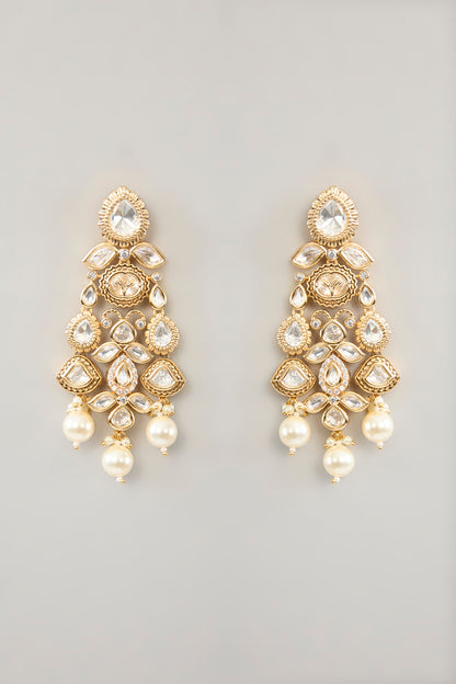 Gold Finish Kundan Polki & Pearl Drop Necklace Set