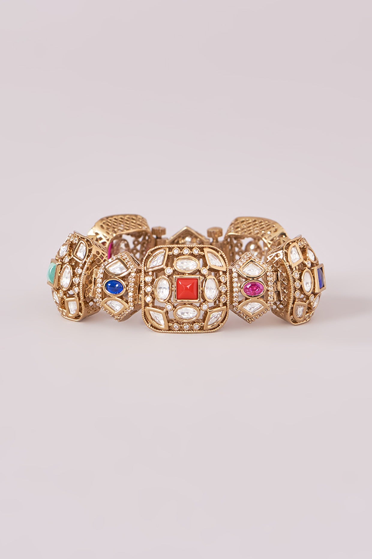 Gold Finish Kundan Polki & Multi-Colored Stone Bracelet