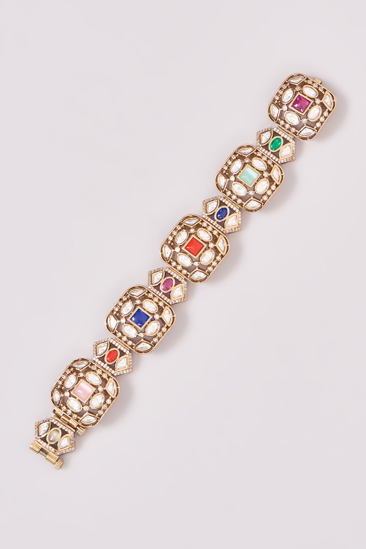 Gold Finish Kundan Polki & Multi-Colored Stone Bracelet