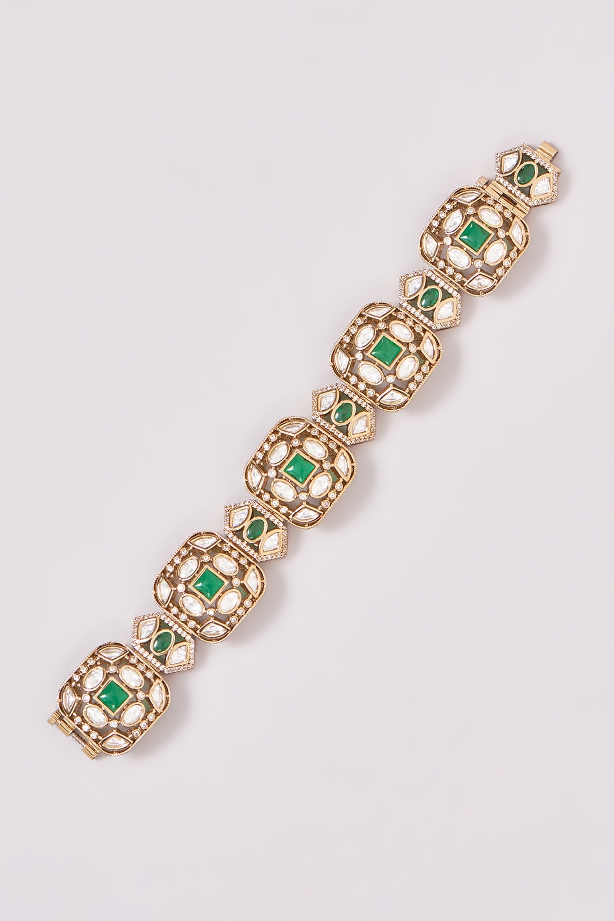 Black Rhodium Finish Kundan Polki & Green Stone Bracelet