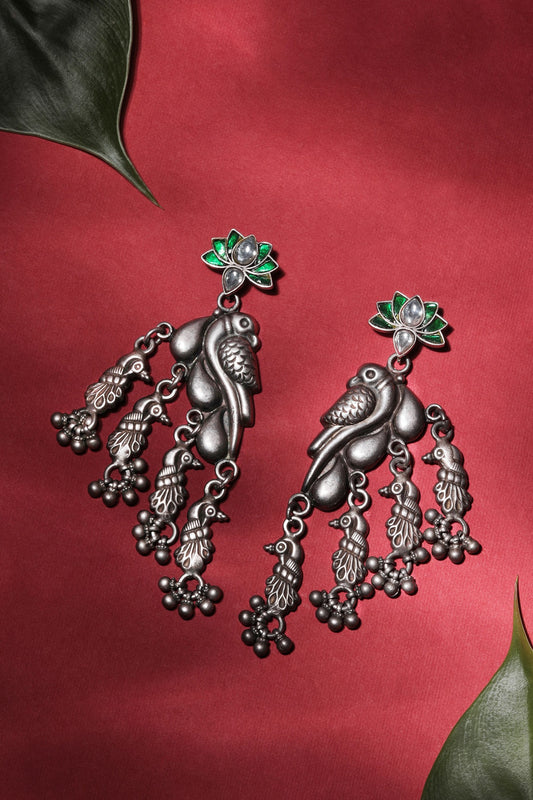 Two Tone Finish Kundan Polki Peacock Earrings In Sterling Silver