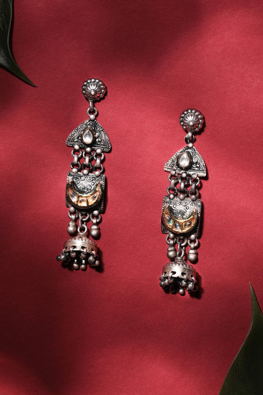 Two Tone Finish Kundan Polki Jhumka Earrings In Sterling Silver