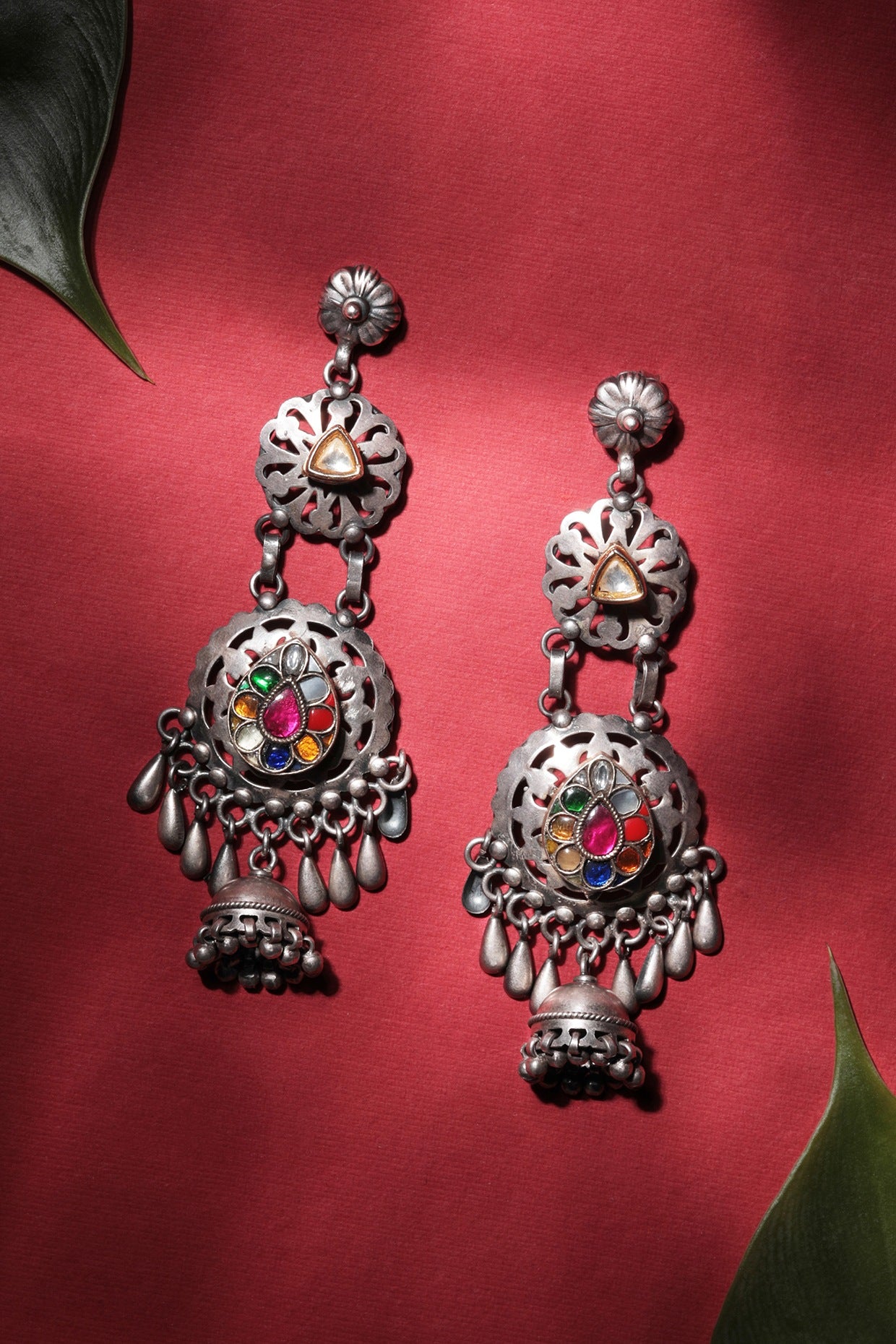 Two Tone Finish Kundan Polki Jhumka Earrings In Sterling Silver