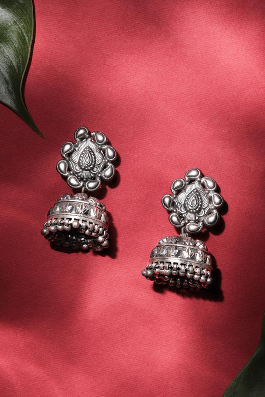 Black Rhodium Finish Kundan Polki & Beaded Jhumka Earrings In Sterling Silver