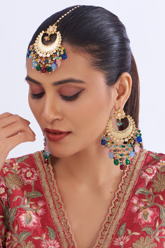 Gold Plated Multi-colored Kundan Polki & Pearl Meenakari Dangler Earrings With Maang Tikka