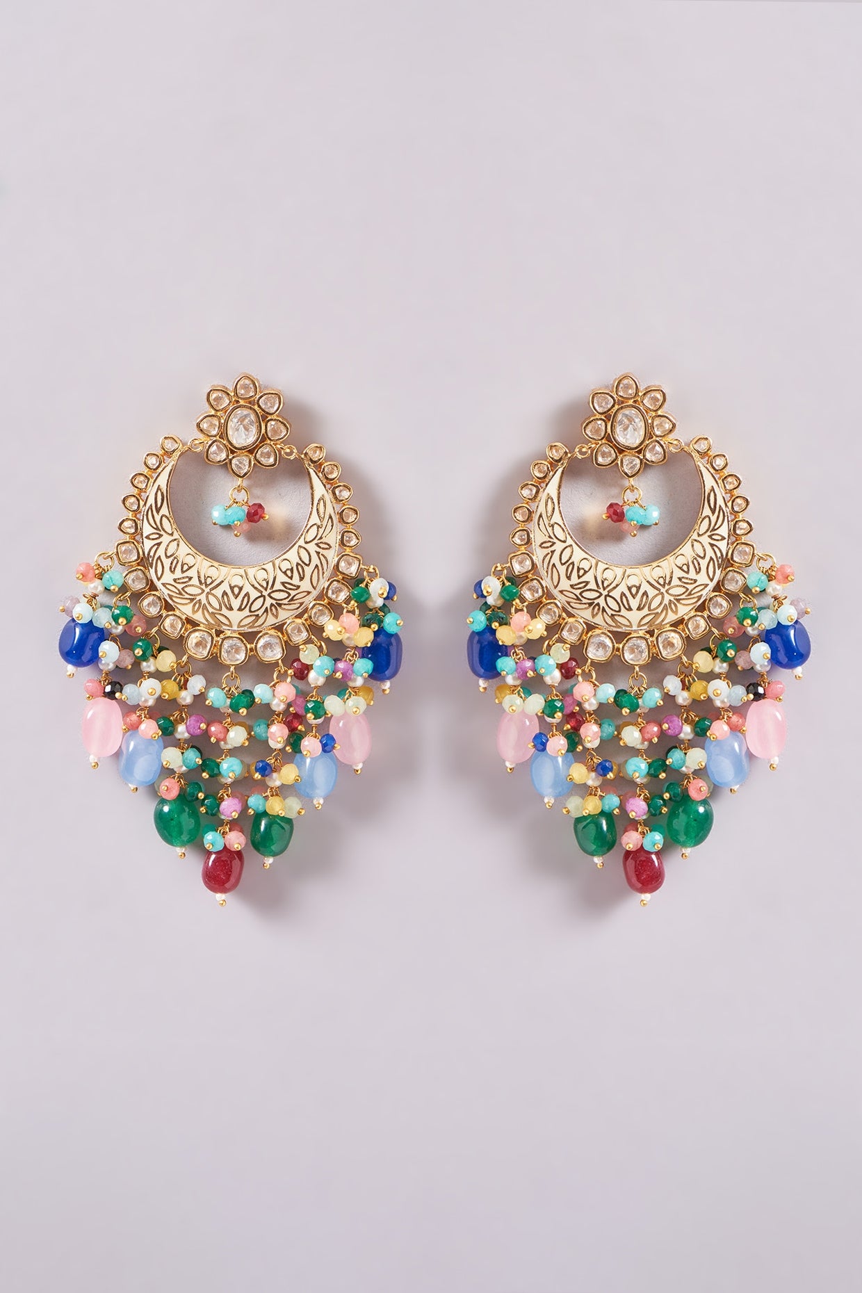 Gold Plated Multi-colored Kundan Polki & Pearl Meenakari Dangler Earrings With Maang Tikka