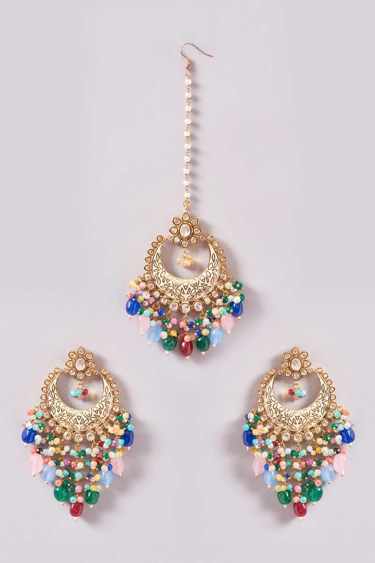 Gold Plated Multi-colored Kundan Polki & Pearl Meenakari Dangler Earrings With Maang Tikka