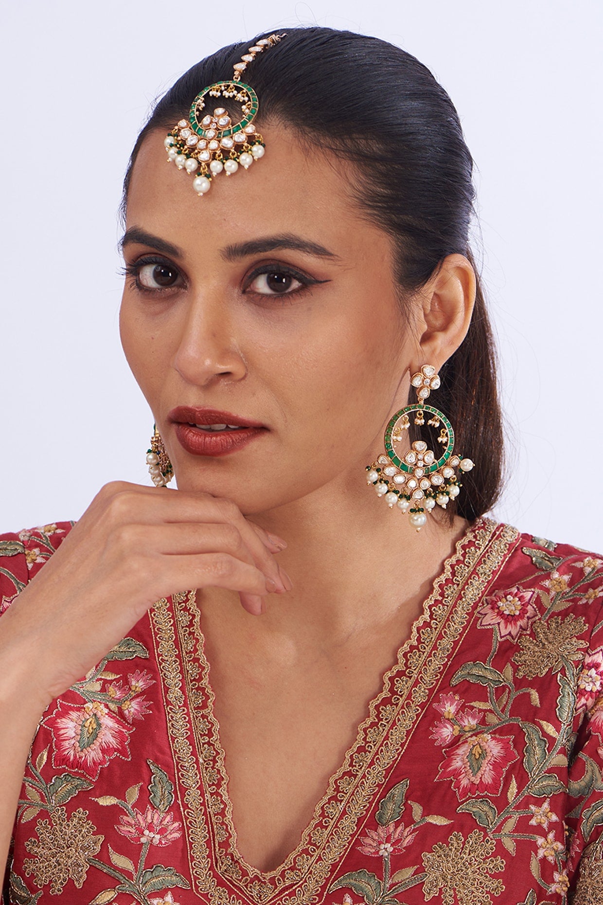 Gold Plated Multi-colored Emerald Stone & Kundan Polki Chandbali Earrings With Maang Tikka