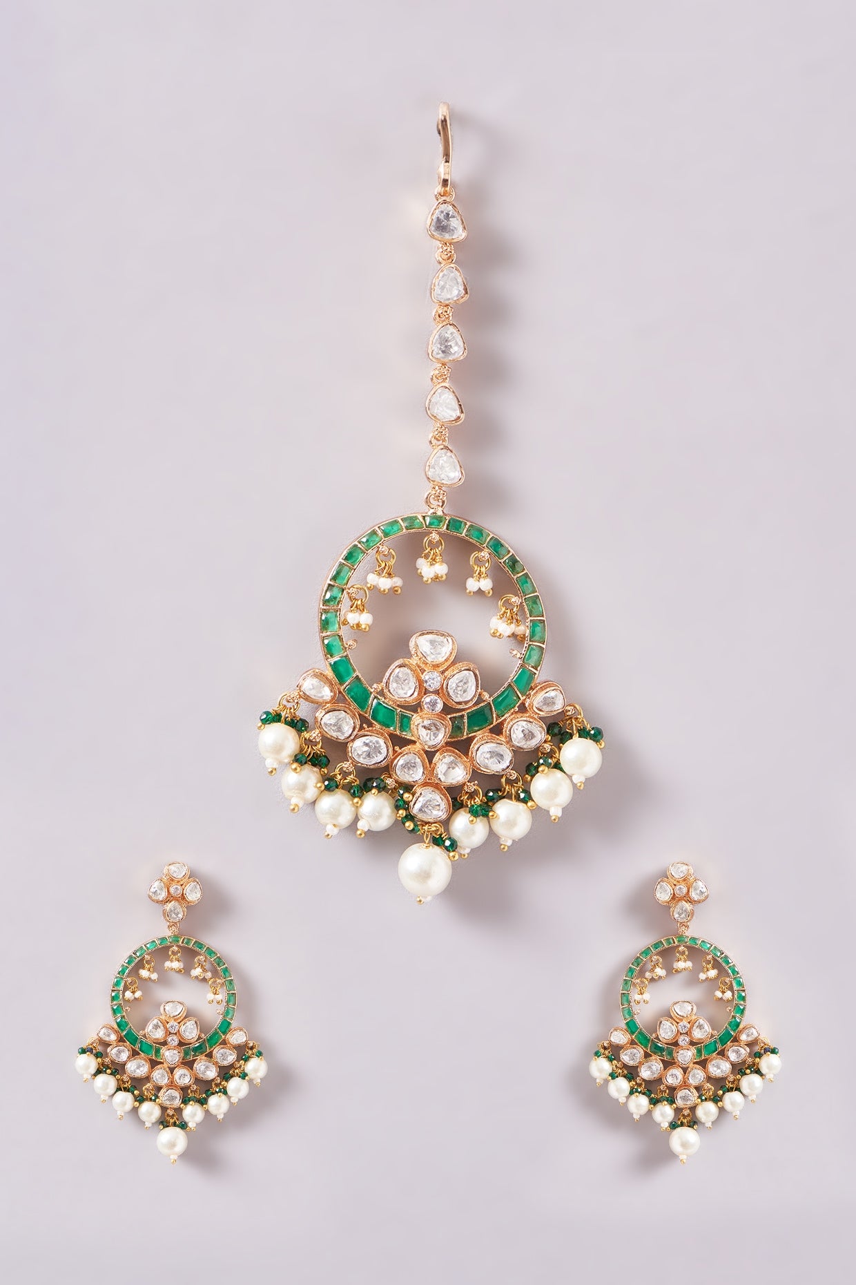 Gold Plated Multi-colored Emerald Stone & Kundan Polki Chandbali Earrings With Maang Tikka