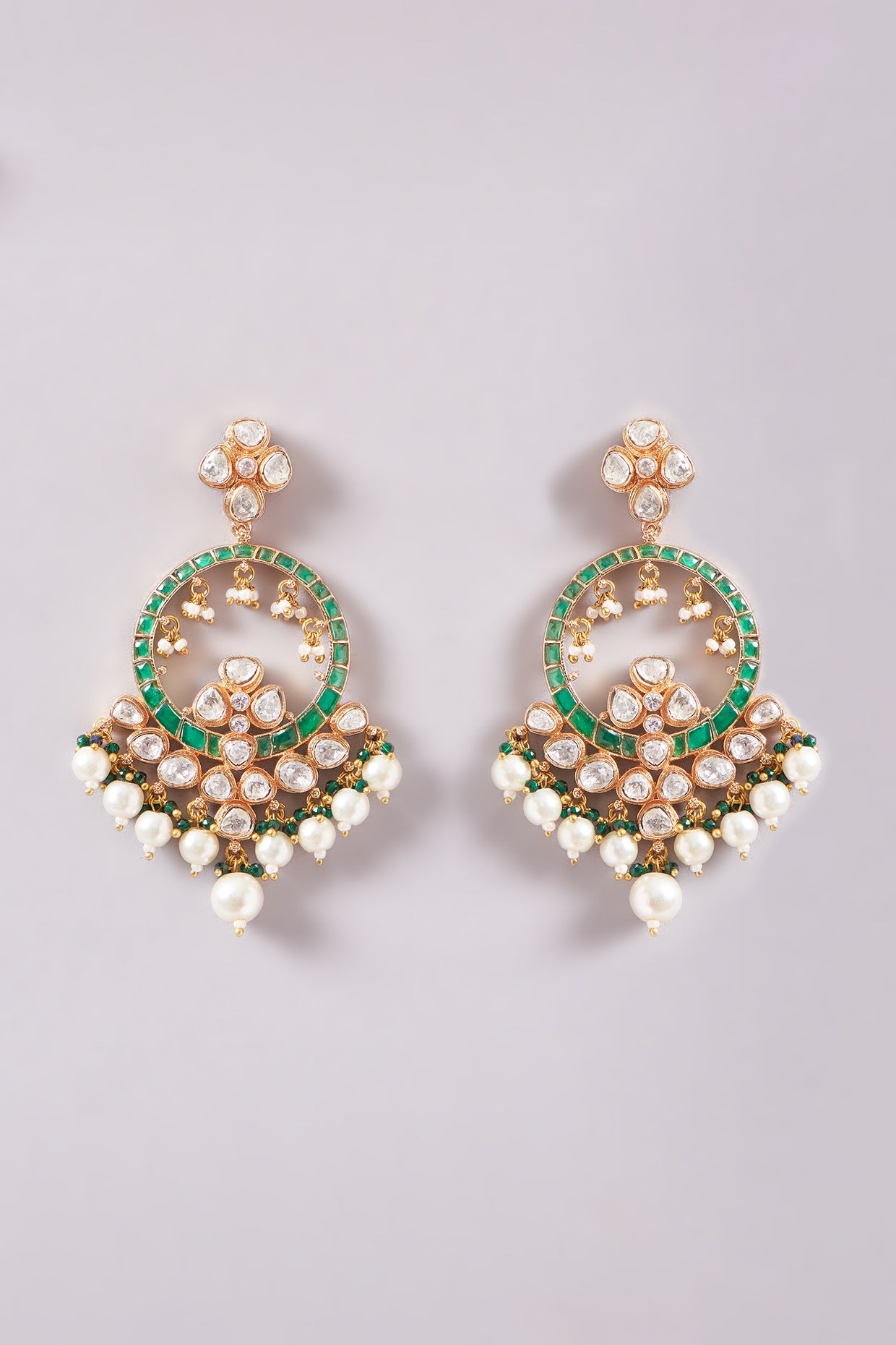 Gold Plated Multi-colored Emerald Stone & Kundan Polki Chandbali Earrings With Maang Tikka