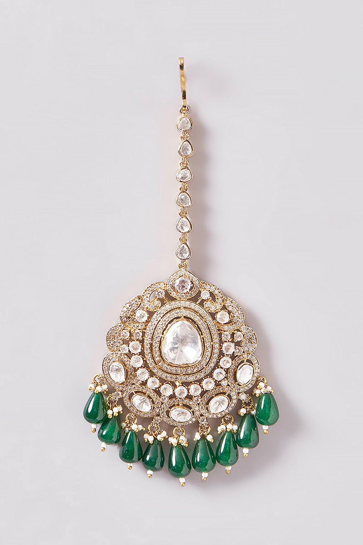 White Finish Kundan Polki & Green Pearl Maangtikka