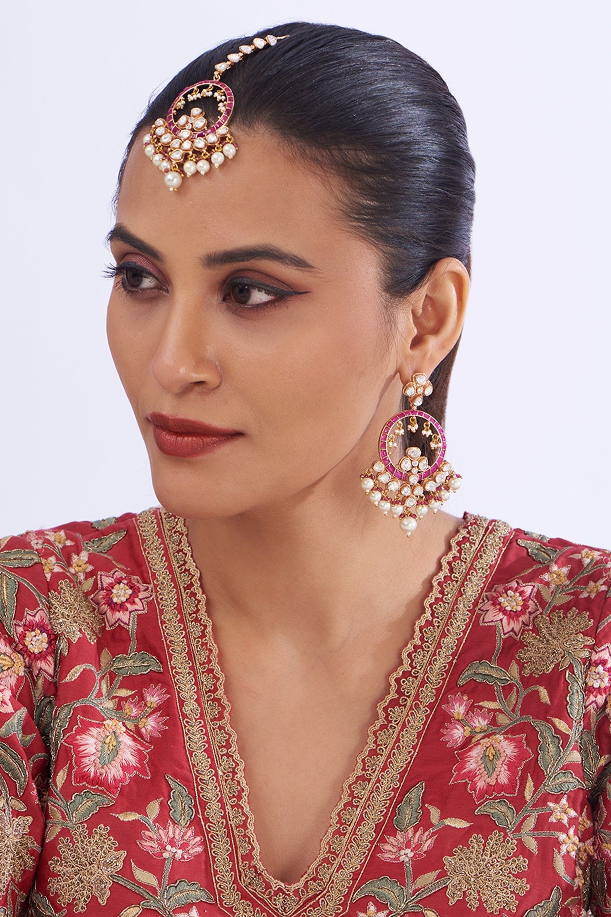 Gold Plated Kundan Polki & Ruby Dangler Earrings With Maangtikka