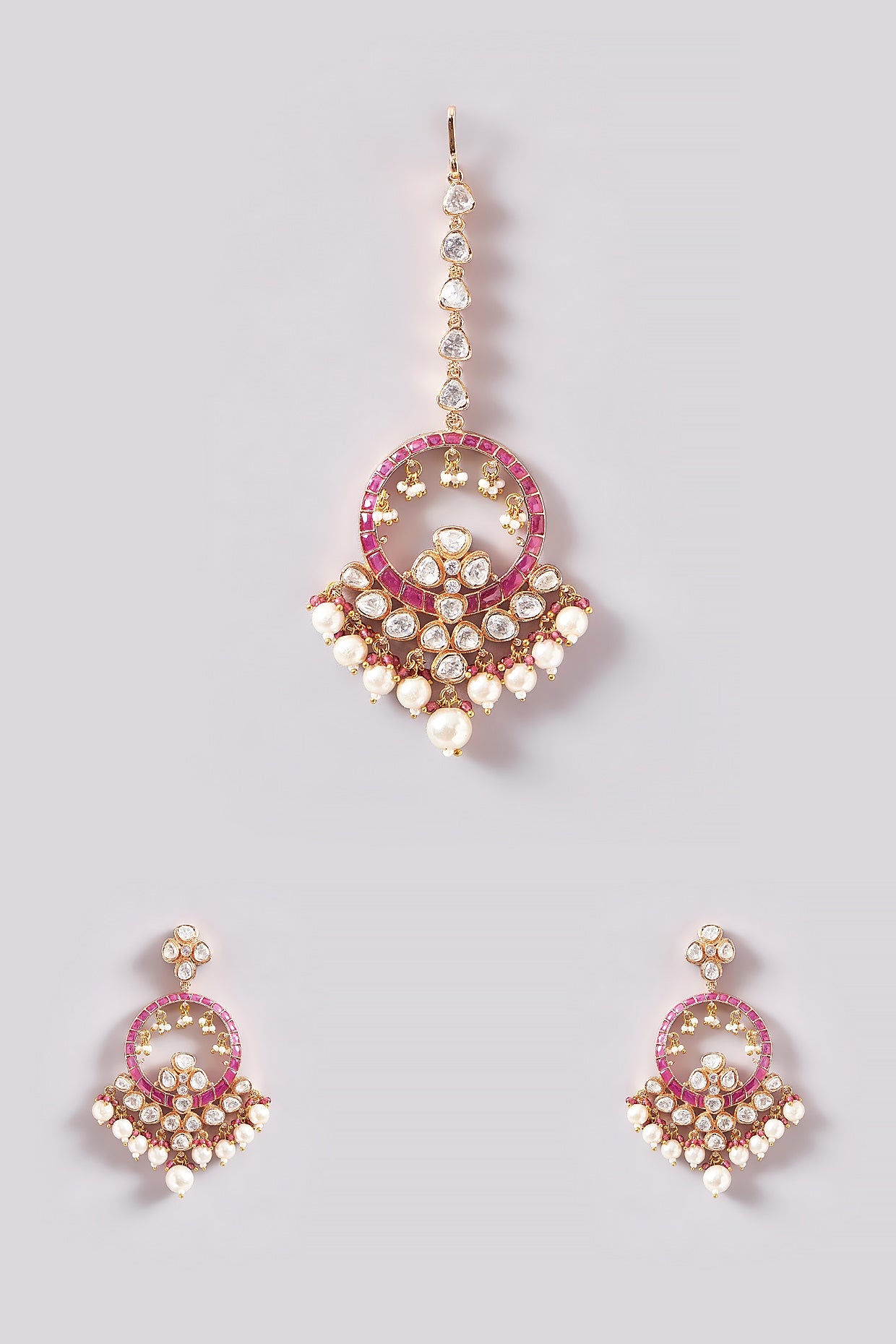 Gold Plated Kundan Polki & Ruby Dangler Earrings With Maangtikka