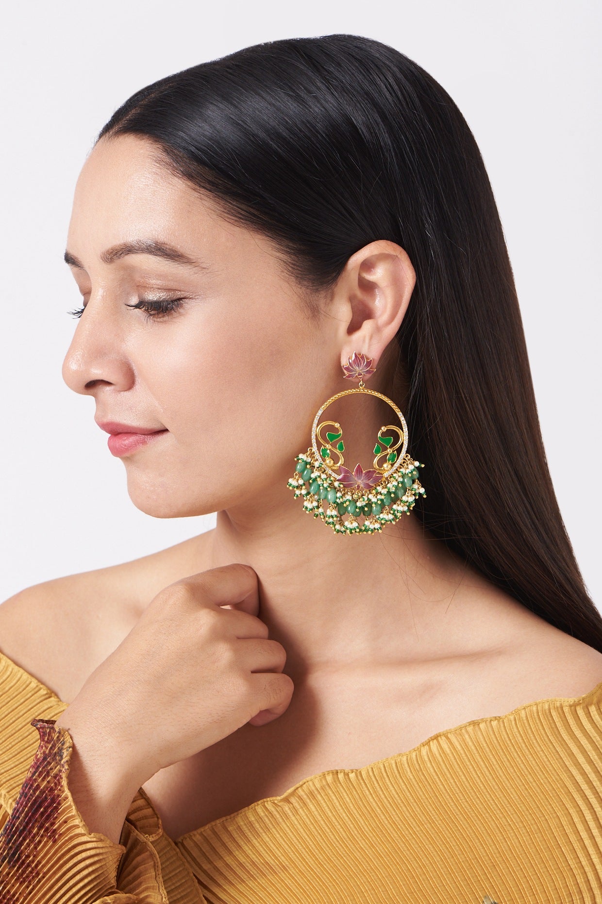 Gold Finish Green Beaded Chandbali Earrings In 92.5 Sterling Silver