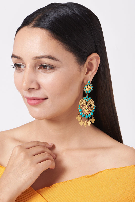 Gold Plated Kundan Polki & Turquoise Stone Dangler Earrings In 92.5 Sterling Silver