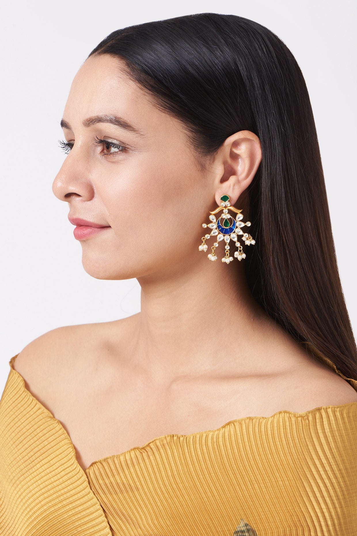 Gold Plated Kundan Polki & Sapphire Stone Earrings In 92.5 Sterling Silver