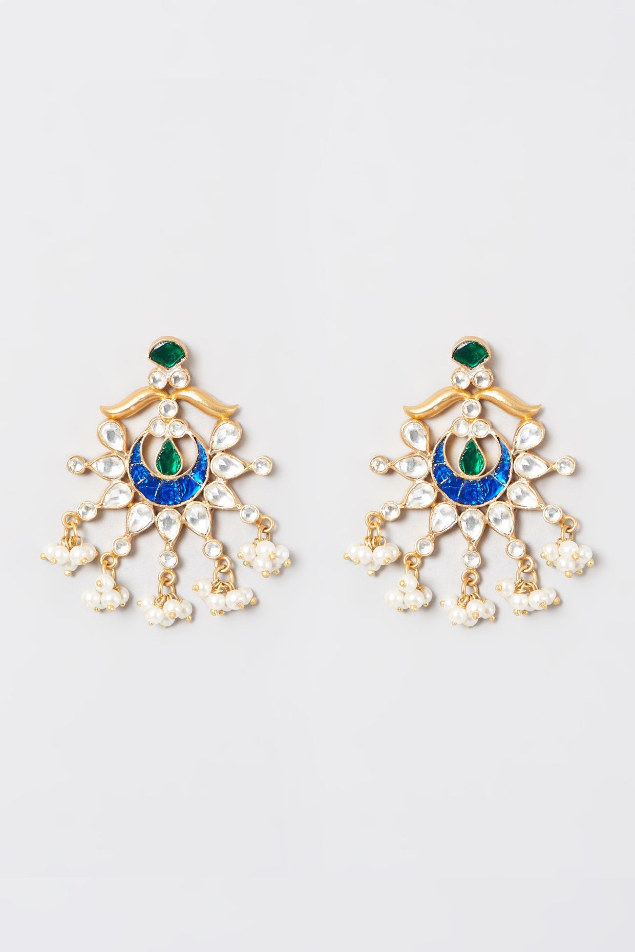 Gold Plated Kundan Polki & Sapphire Stone Earrings In 92.5 Sterling Silver