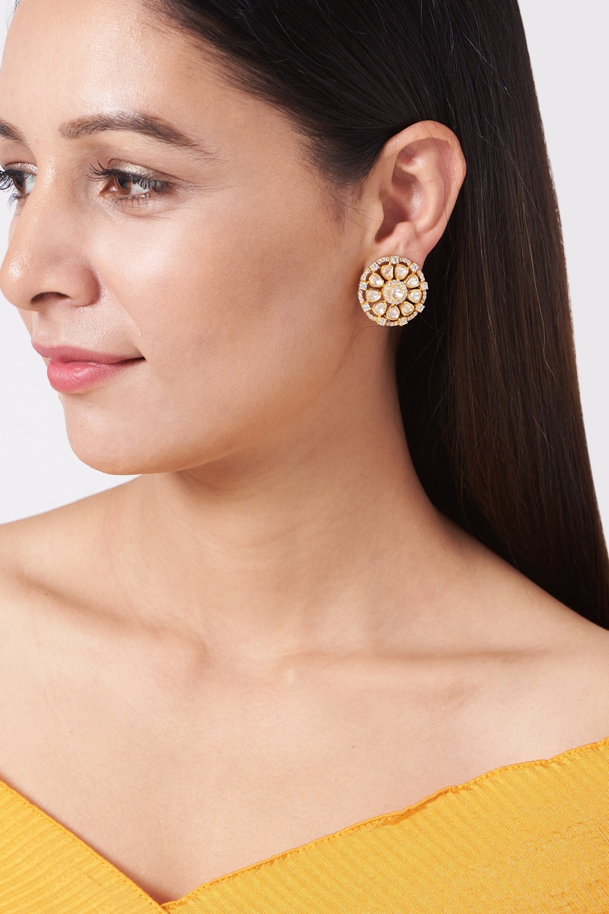 Gold Finish Kundan Polki & Moissanite Stud Earrings In 92.5 Sterling Silver