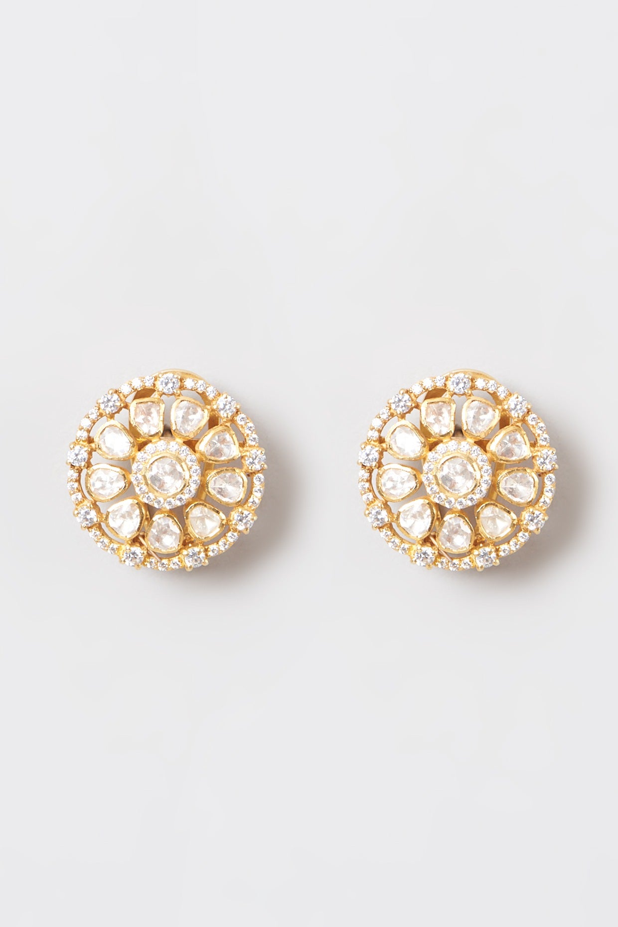 Gold Finish Kundan Polki & Moissanite Stud Earrings In 92.5 Sterling Silver