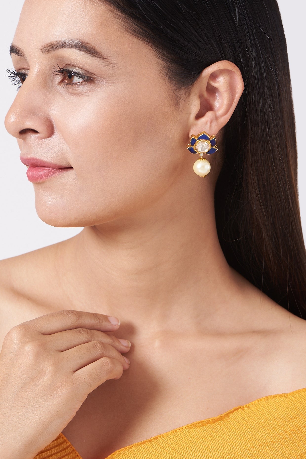 Gold Plated Kundan Polki & Sapphire Stone Stud Earrings In 92.5 Sterling Silver