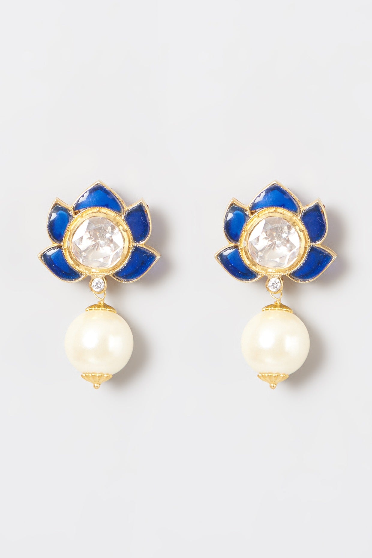 Gold Plated Kundan Polki & Sapphire Stone Stud Earrings In 92.5 Sterling Silver