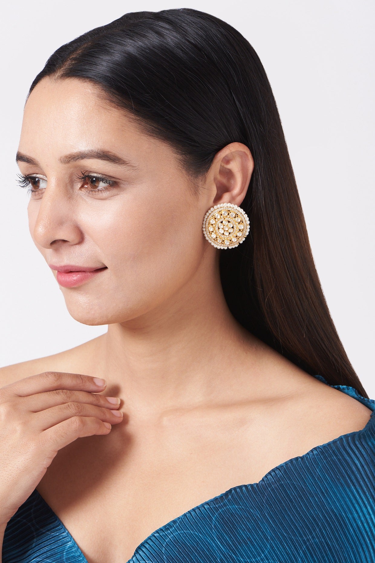 Gold Finish Kundan Polki Stud Earrings In 92.5 Sterling Silver