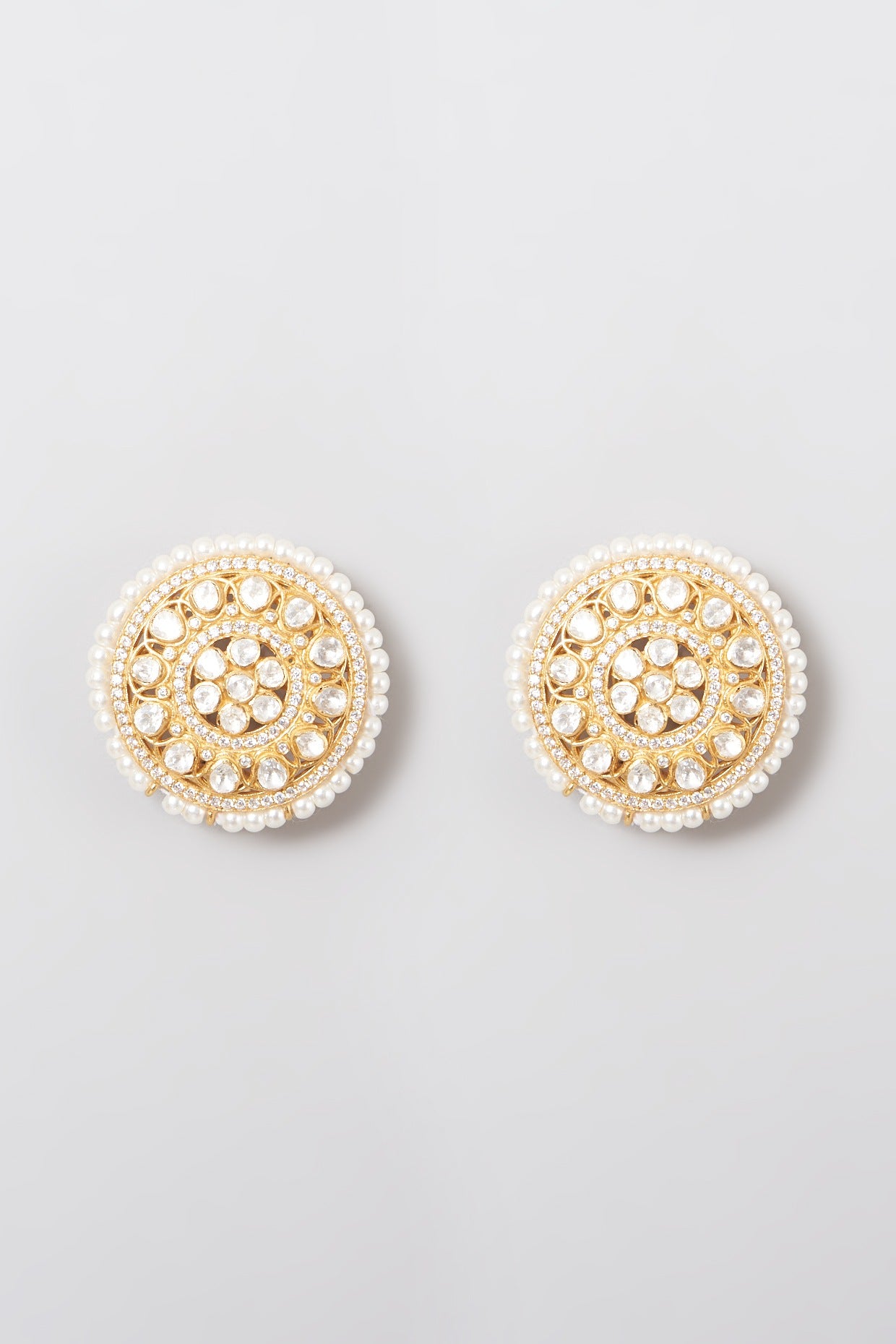 Gold Finish Kundan Polki Stud Earrings In 92.5 Sterling Silver