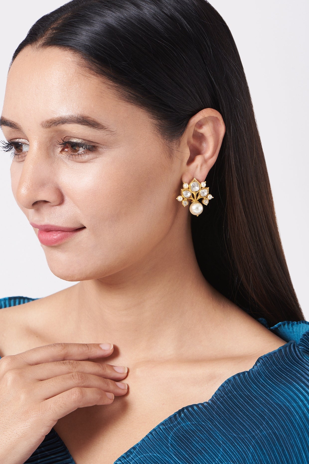 Gold Finish Kundan Polki & Moissanite Stud Earrings In 92.5 Sterling Silver