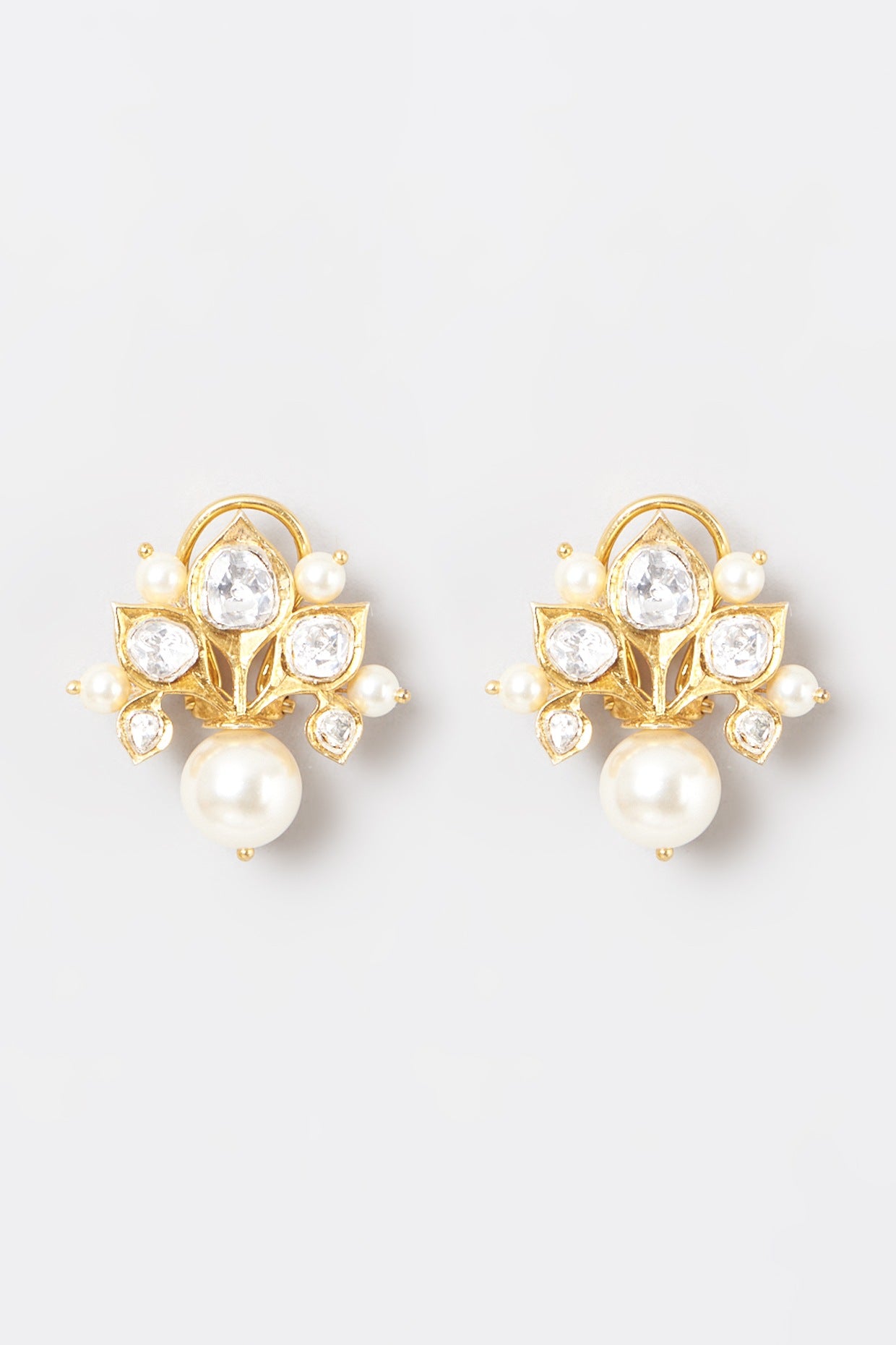 Gold Finish Kundan Polki & Moissanite Stud Earrings In 92.5 Sterling Silver