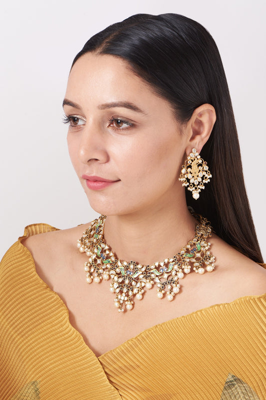 Gold Plated Kundan Polki Meenakari Necklace Set In 92.5 Sterling Silver