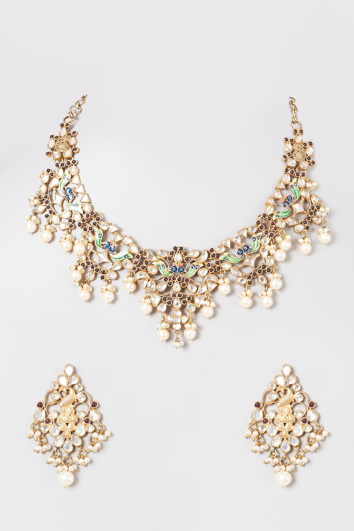 Gold Plated Kundan Polki Meenakari Necklace Set In 92.5 Sterling Silver