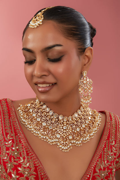 Gold Finish Kundan Polki & Pearl Necklace Set