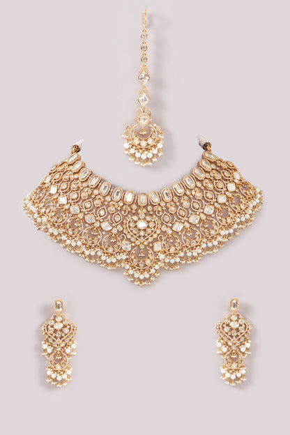 Gold Finish Kundan Polki & Pearl Necklace Set