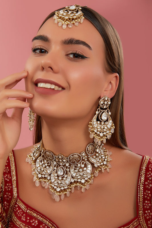 Gold Finish Kundan Polki & Grey Pearl Necklace Set