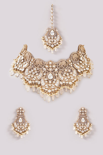 Gold Finish Kundan Polki & Grey Pearl Necklace Set