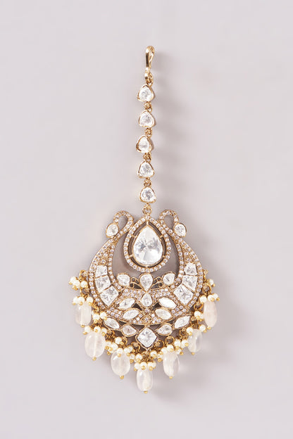 Gold Finish Kundan Polki & Grey Pearl Necklace Set