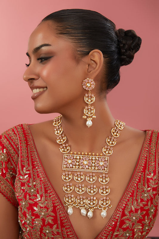 Gold Finish Kundan Polki & Pearl Necklace Set