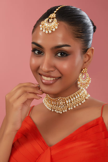 Gold Plated Kundan Polki & Pearl Choker Necklace Set