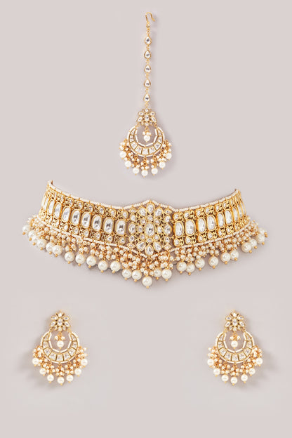 Gold Plated Kundan Polki & Pearl Choker Necklace Set