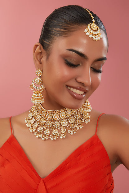 Gold Plated Kundan Polki & Pearl Choker Necklace Set