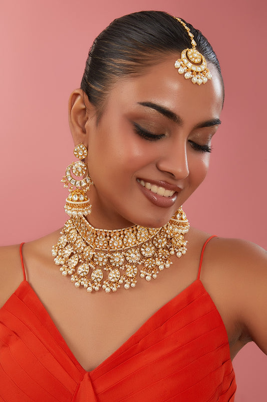 Gold Plated Kundan Polki & Pearl Choker Necklace Set