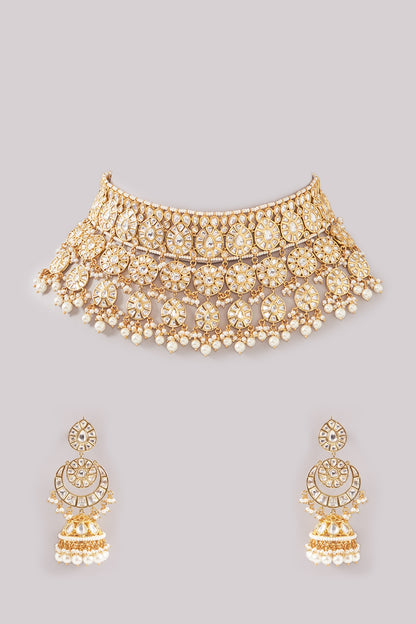 Gold Plated Kundan Polki & Pearl Choker Necklace Set