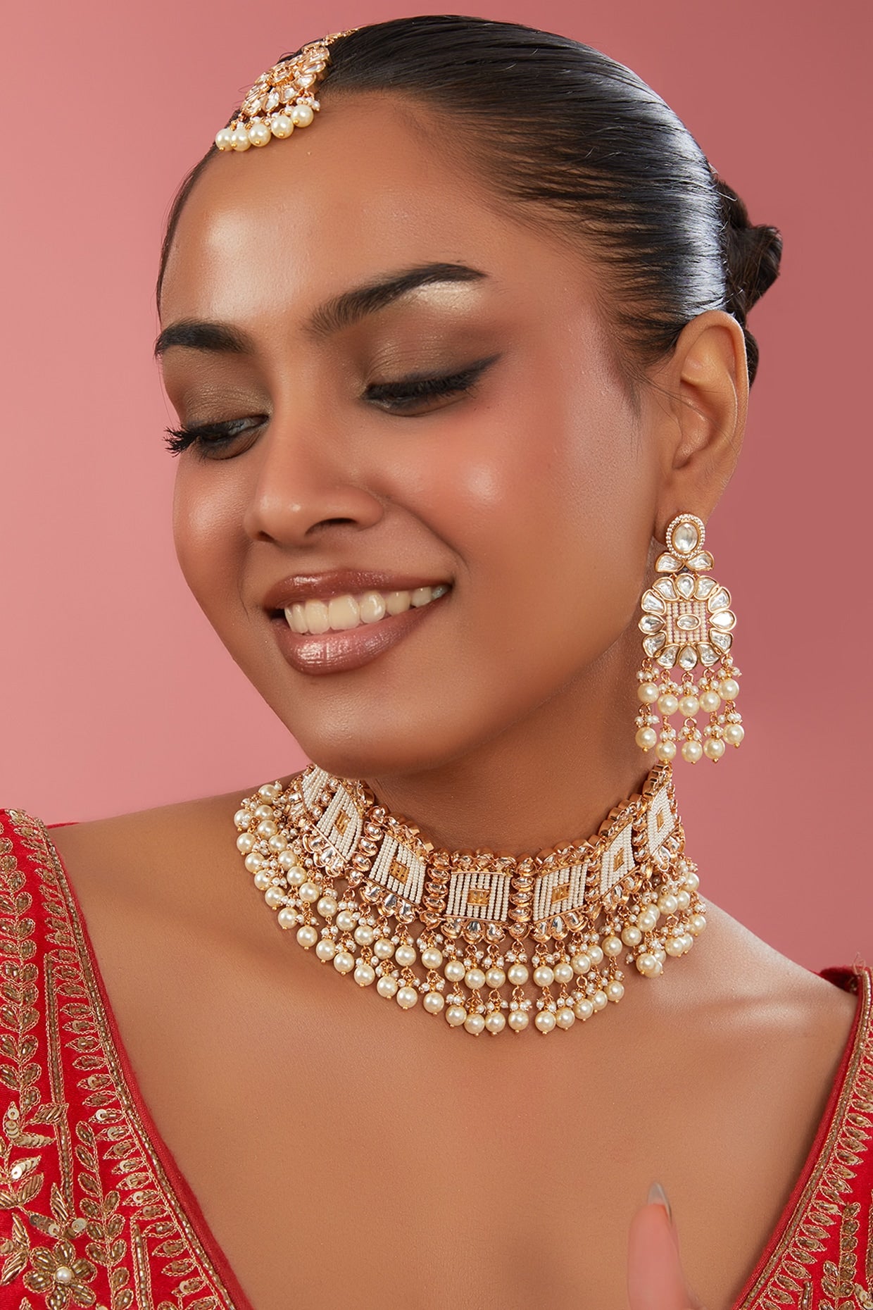 Gold Plated Kundan Polki & Pearl Choker Necklace Set