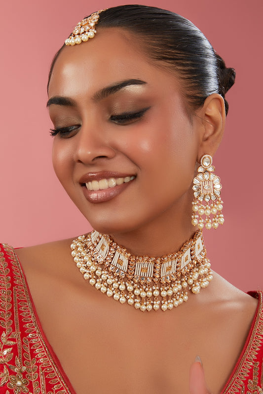 Gold Plated Kundan Polki & Pearl Choker Necklace Set