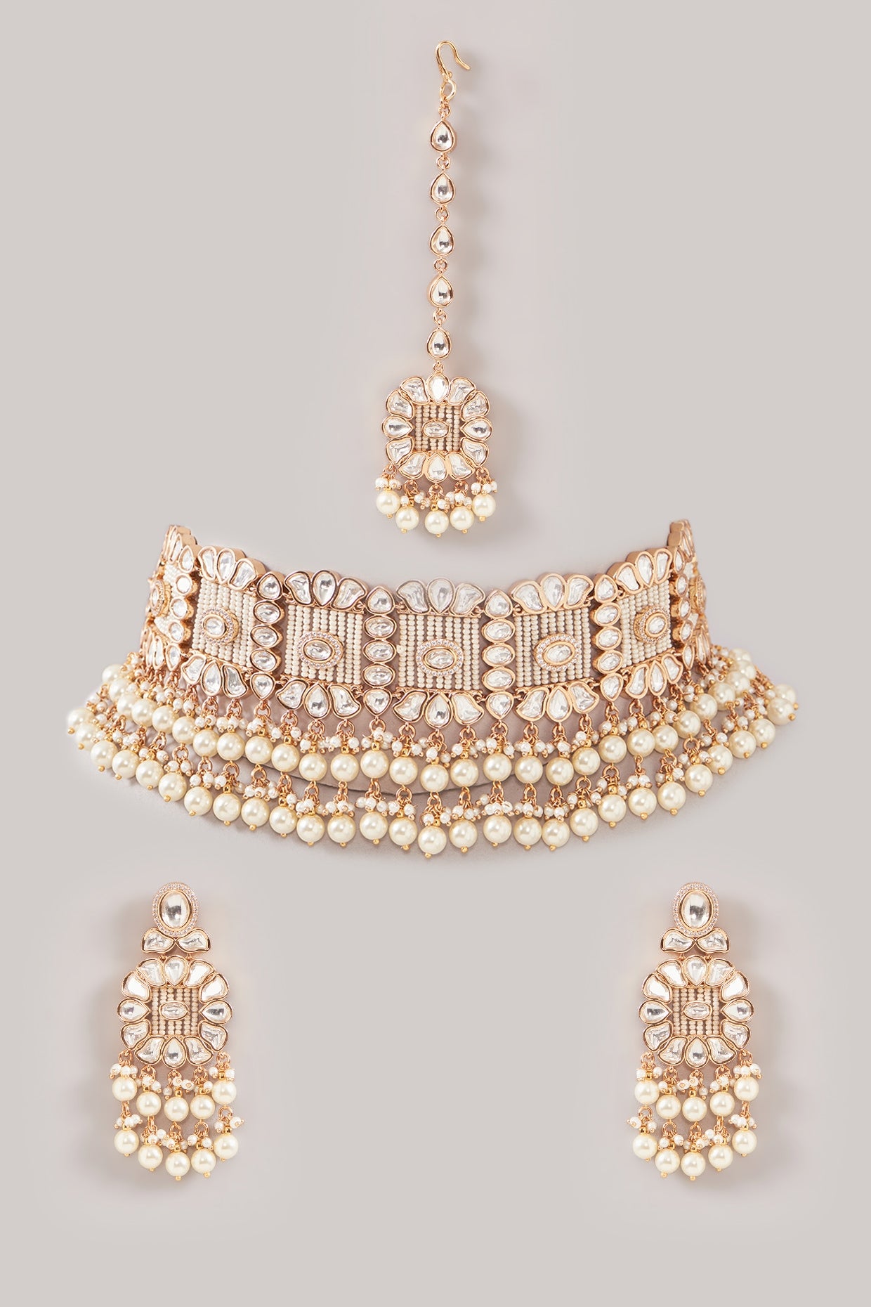 Gold Plated Kundan Polki & Pearl Choker Necklace Set