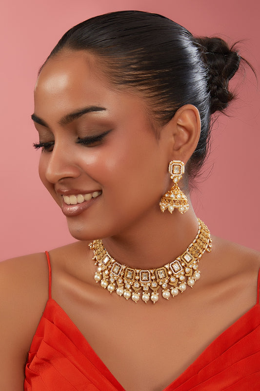 Gold Plated White Stone Choker Necklace Set