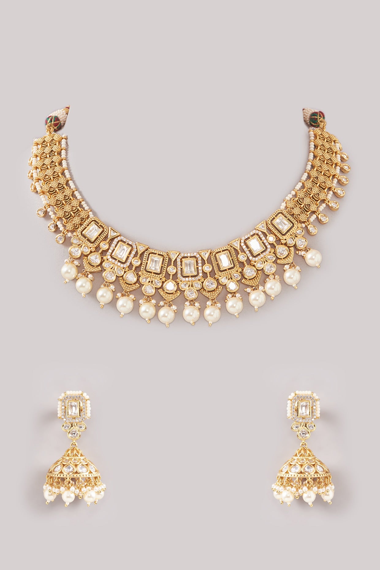 Gold Plated White Stone Choker Necklace Set