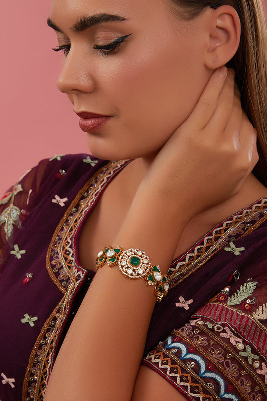 Gold Finish Kundan Polki & Green Stone Bracelet